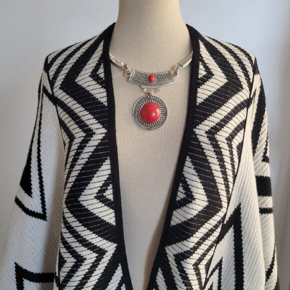 Chico's Jackets & Blazers - Chico's Poncho Flowy Wrap Sweater White Black Fringe‎ One Size